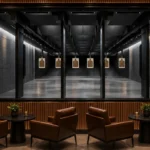 Rendering of The Tysons Club lounge with leather armchairs facing a glass wall that looks into the five-lane shooting range