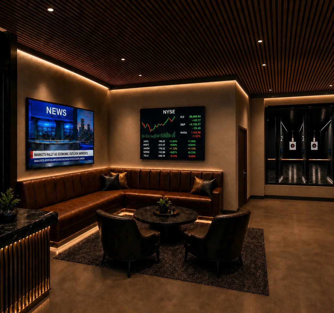Rendering of The Tysons Club members lounge with a leather sectional, wall screens showing news and markets, and a view into the shooting lanes