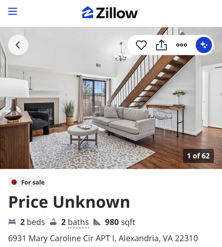 Zillow listing for 6931 Mary Caroline Circle, Apartment I, Alexandria, displaying Price Unknown.
